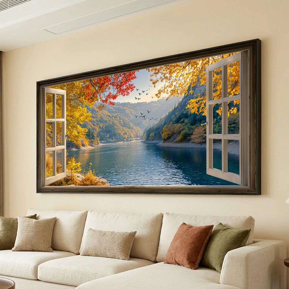 (1PC Unframe)No Frame Autumn view of the lake through open window canvas, autumn foliage wall art, picturesque natural landscape