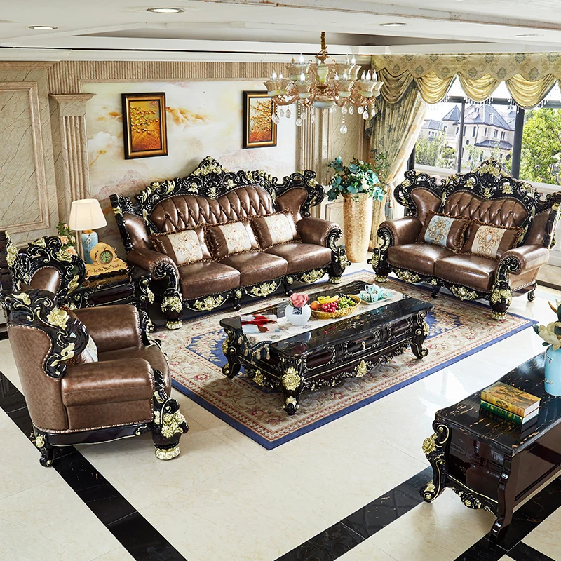 European leather sofa solid wood carving combination luxury head cowhide large villa living room ebony furniture