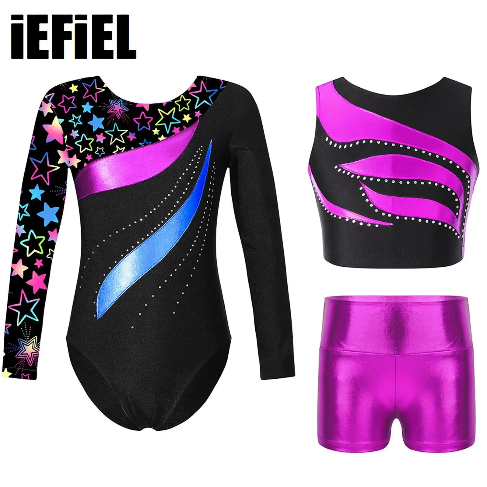 

Kids Girls Gymnastics Outfit Long Sleeve Patchwork Dance Leotard with Shiny Rhinestone Decorated Crop Top And Metallic Shorts