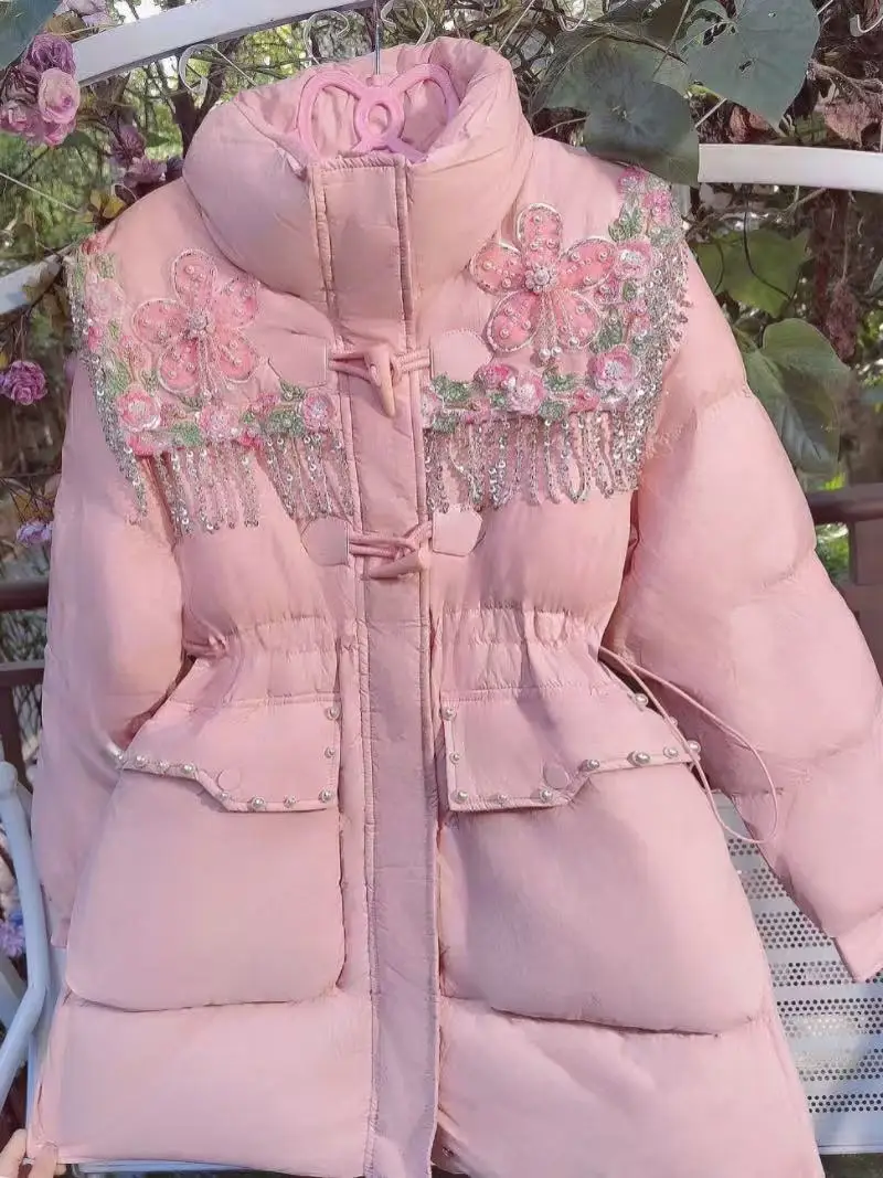 

Women Girls Autumn Winter New Trend Slim Down Coat Handmade Sequin Beaded 3D Flower Thickened Down Coats White Duck Down Jackets