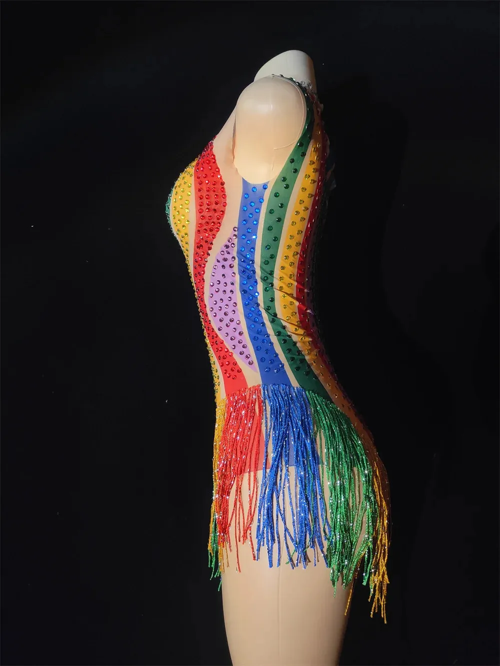 Rainbow Stripes Rhinestones Tassel Bodysuit Sexy DJ Nightclub Stage Performance Costume Crystal Mesh Fringe Leotard Dance Outfit