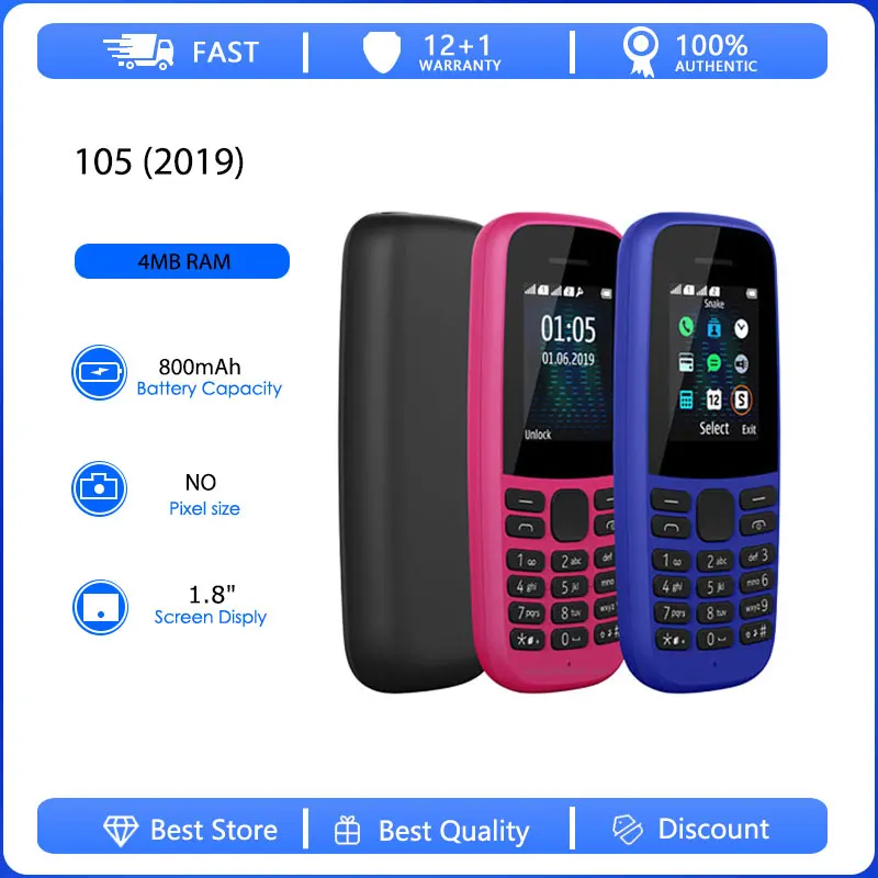 Original Refurbished 105 2019 2G Dual/Single Sim Unlocked GSM 900/1800 Mobile Phone Russian Arabic Hebrew Keyboard Made in