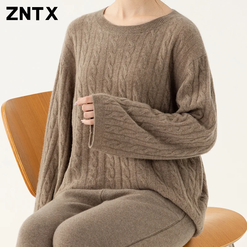 Autumn and winter women's pure cashmere sweater round neck loose large size pullover solid color striped knitting warm casual