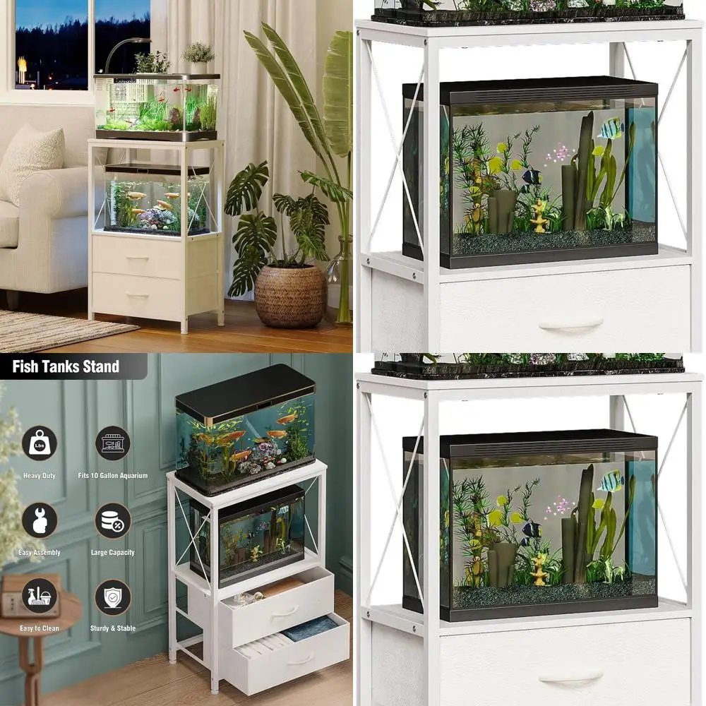 

White 10 Gallon Fish Tank Stand with 2-Tier Shelf and 2 Drawers, Heavy Duty Metal Frame for Reptile/Turtle Tanks, Home Office Aq