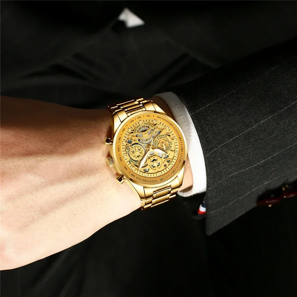 NIBOSI الرجال الهيكل العظمي الساعات الفولاذ المقاوم للصدأ التناظرية كوارتز ساعة رجالية متعددة كرونوغراف ساعة مقاوم للماء ساعة معصم للرجال