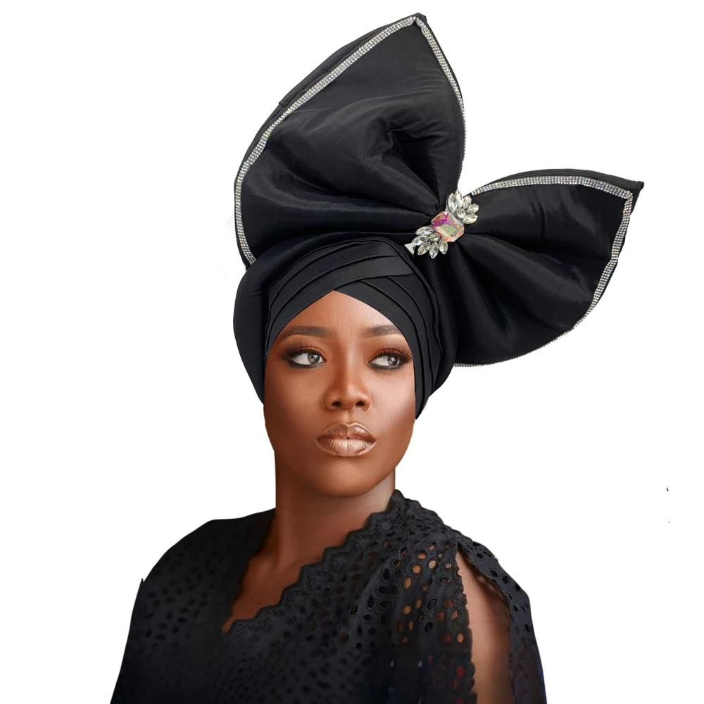 Gorro de turbante con lazo grande para mujer, tocado exagerado de diamantes de imitación, tocado de Gele automático africano, tocado de fiesta de Nigeria, sombrero de cabeza de dama, Wra