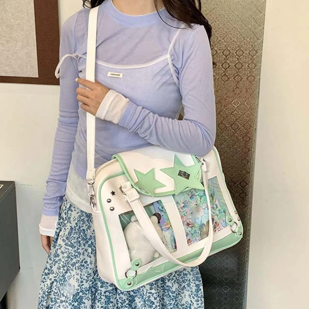 Star Decoration Shoulder Ita Bag PVC Large Capacity Goth Transparent Pocket PU Leather Waterproof Y2K Anime Display Bag Work