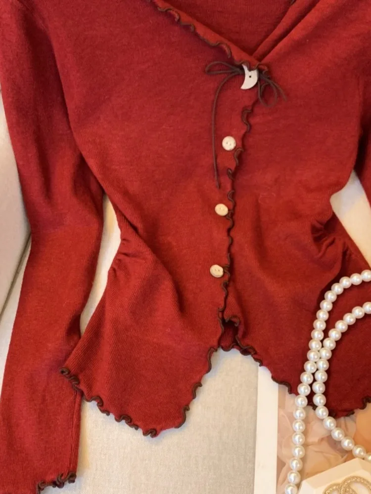 Angola Red Asimmetrico V-ne Maglieria da donna Slim Fit Base Layer Top con orlo arricciato per l'autunno inverno Sweet Sle Long Sve