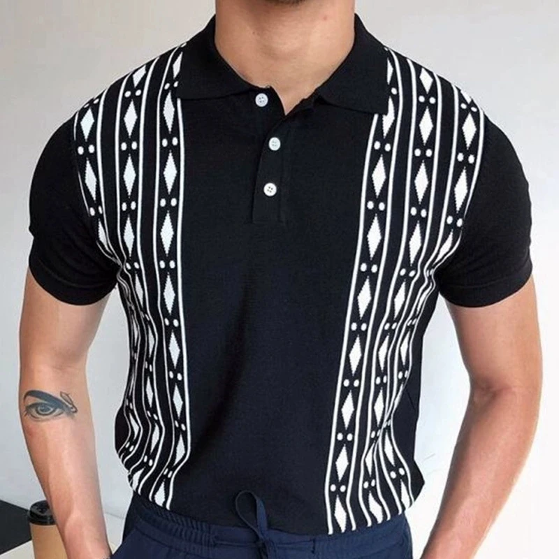 

New men's elegant summer short sleeved jacquard knitted sweater with a lapel and slim fit casual polo shirt for men