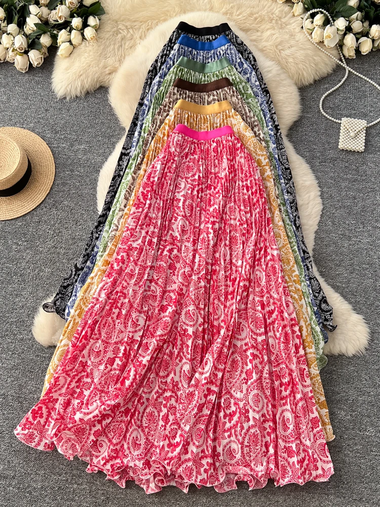 

High Waist A-Line Pleated Skirt Women's Slimming Versatile Dopne Medium Length Romantic Patchwork Skirts