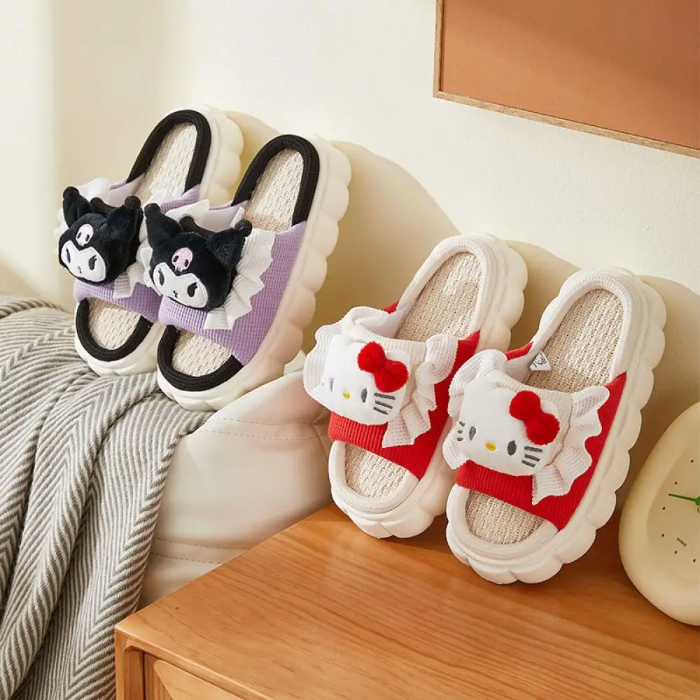 Anime Kawaii Cinnamoroll pantofole estive Hello Kitty Sanrioed Kuromi Kt cotone fondo morbido pantofole in peluche di lino antiscivolo Casual