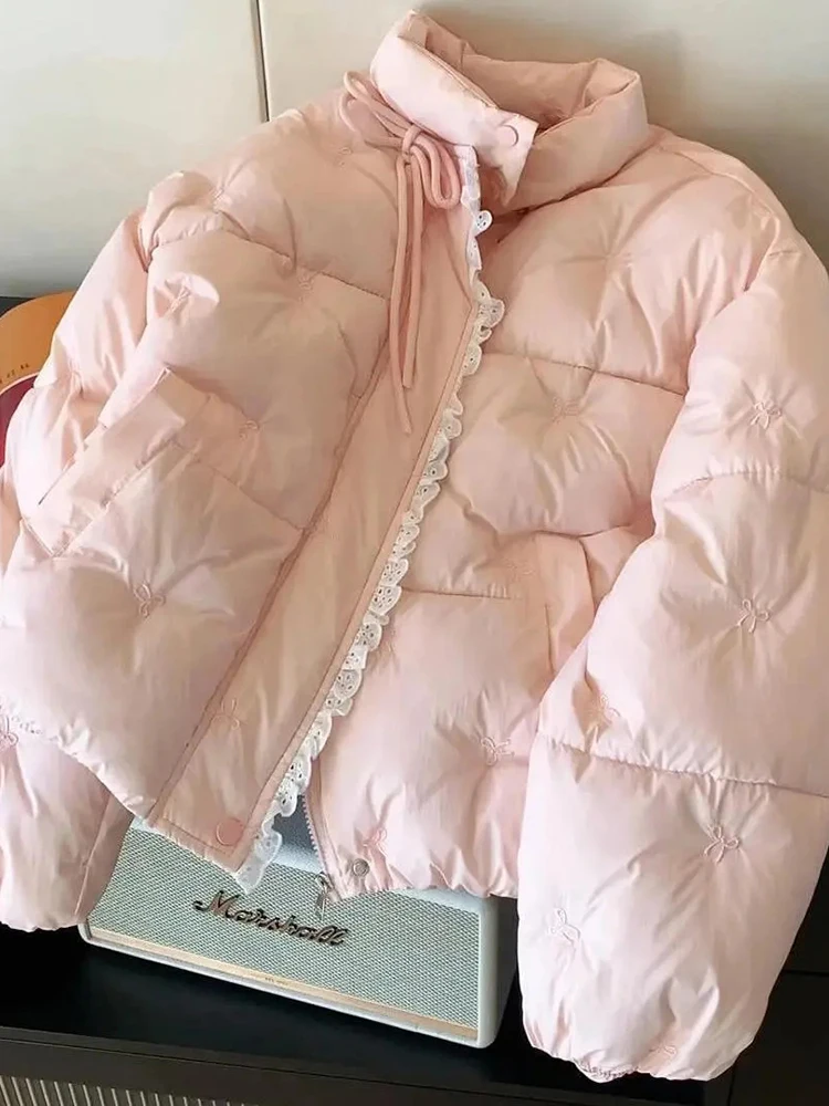 Zoki الدانتيل المرقعة الوردي سترات المرأة الحلو Preppy نمط فضفاض شتاء دافئ منتفخ معطف الكورية طويلة الأكمام لطيف القوس الدانتيل يصل سترة #3