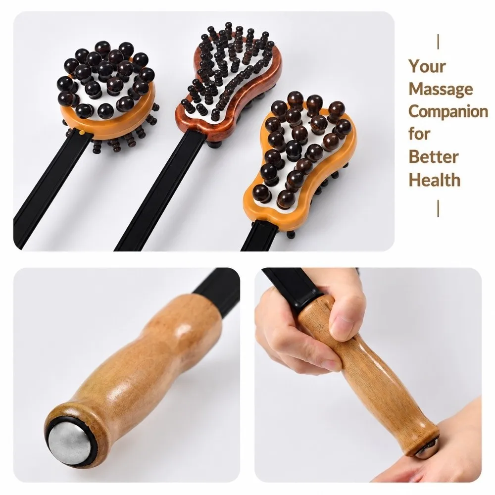 Double Sided Head Hand Massage Hammer Long Grip Bead Nodule Body Tapping Stick Wooden Handle Light Weight Handheld Massage Rod