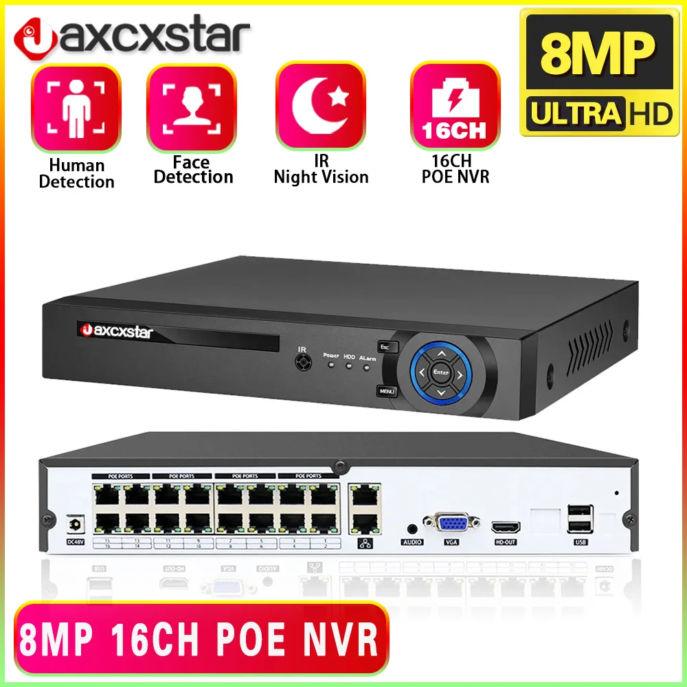 4K 16CH POE NVR H.265+ Surveillance Security Video Recorder For POE IP CCTV Camera 5MP/8MP Face Detection 48V 802.3af 2.4 Xmeye