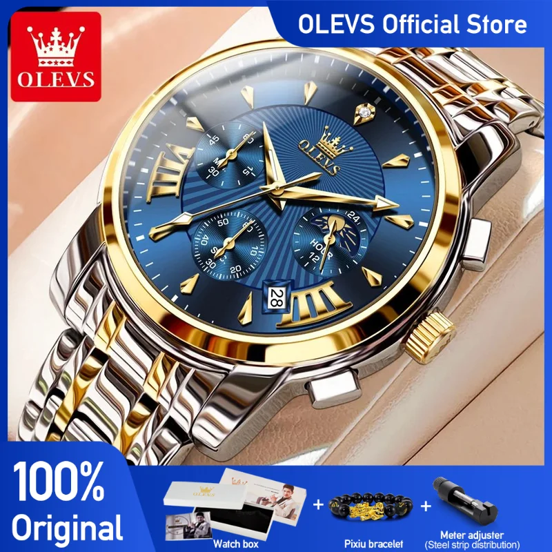 OLEVS Men's Watches Top Brand Multifunctional Chronograph Wristwatch Original Quartz Watch for Man Waterproof Luminous Date Moon