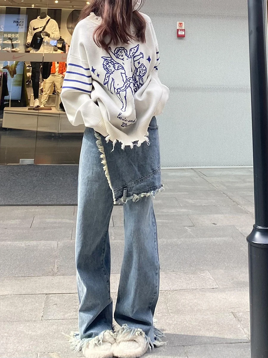 

Spring Season High Waist Straight Leg Jeans Women's Loose Fit Patchwork Personali Denim Pants Long Trousers Casual Sle