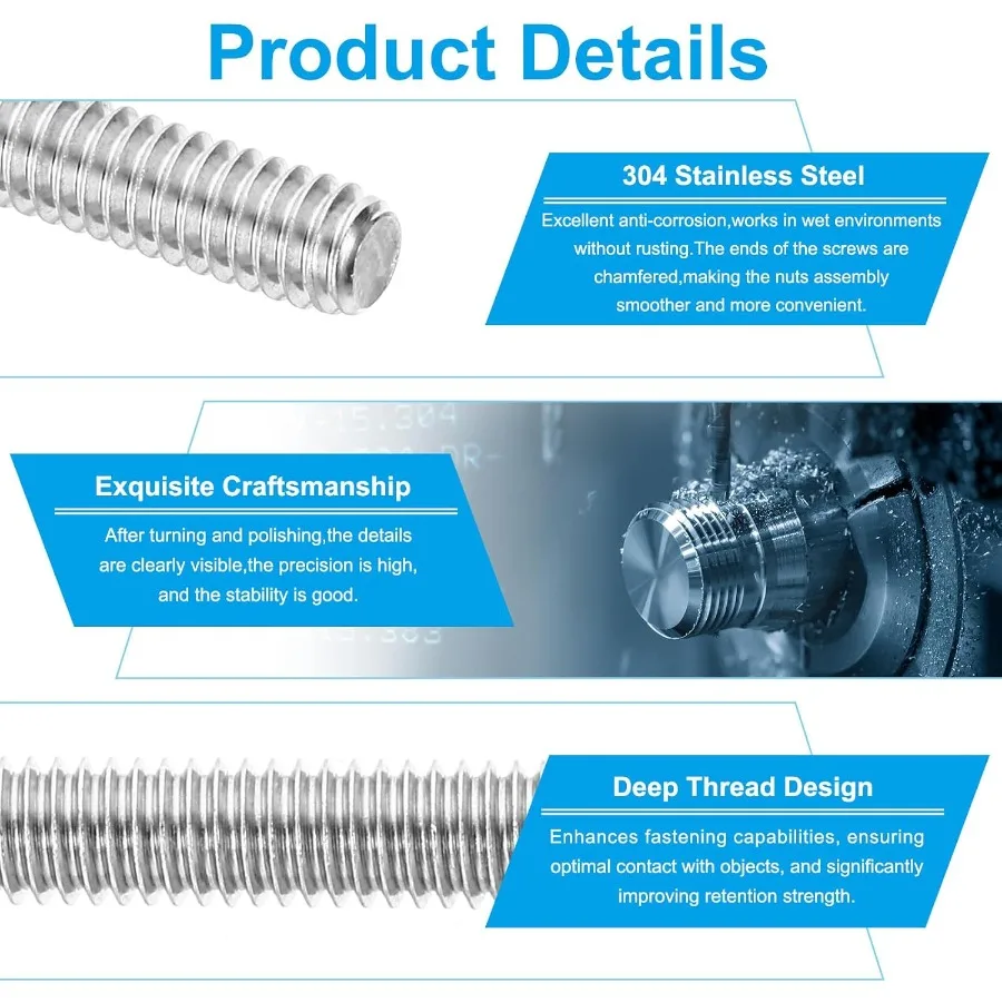 3 8 "16 U 304 الفولاذ المقاوم للصدأ قضيب ملولب بالكامل 10 قطعة 3" طول طويل الخيوط المسمار اليد اليمنى المواضيع جميع الخيوط قضيب ترصيع f #3