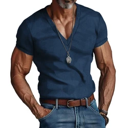 Mens Short Sleeve V-Neck T-shirt Blouse Muscle Fitness Sports Gym Pullover Top