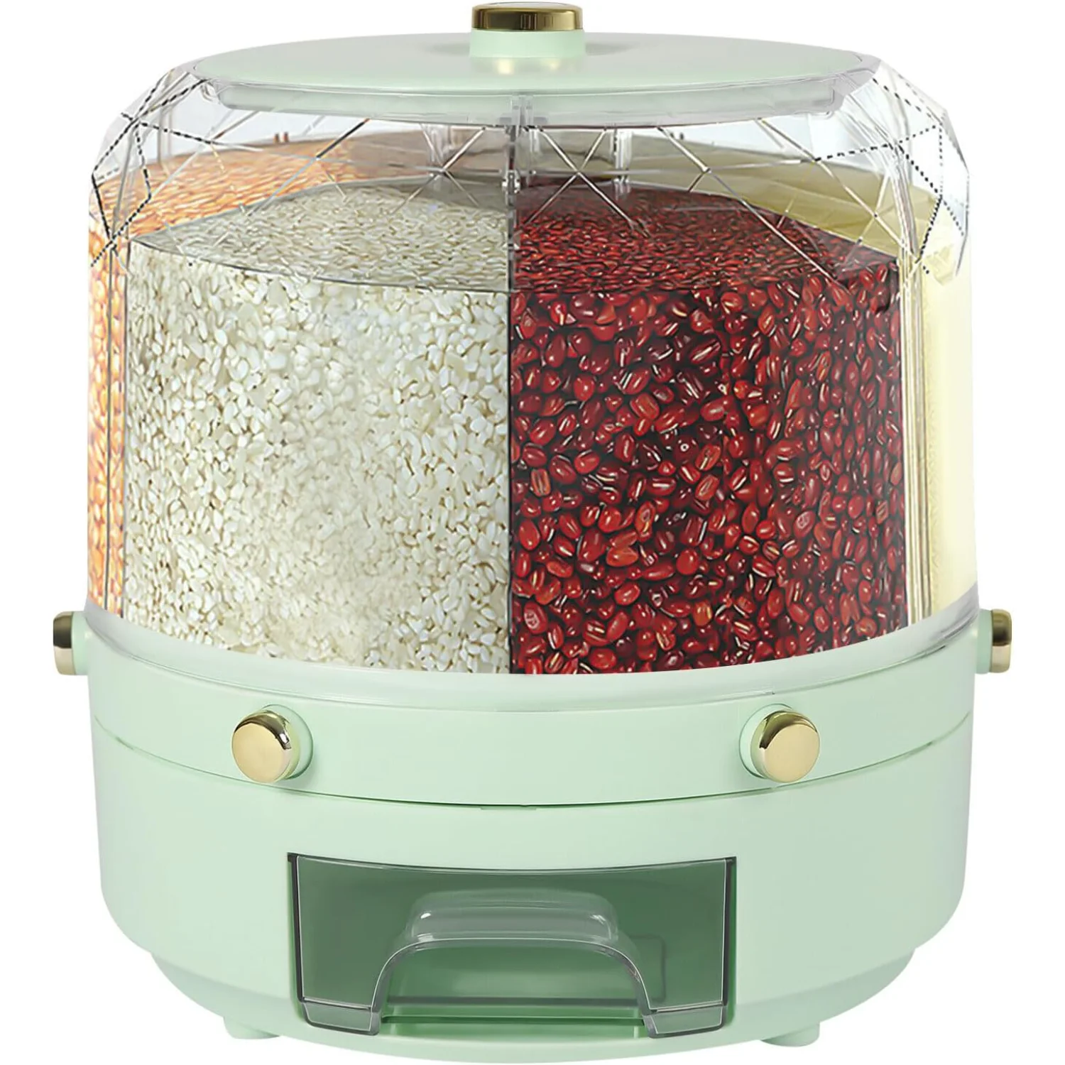 

Rotatable 6 Grid Round Rice & Grain Dispenser - Sealed Food Container for Grains, Snacks, Coffee Beans, Dog Food - One-Button Pr