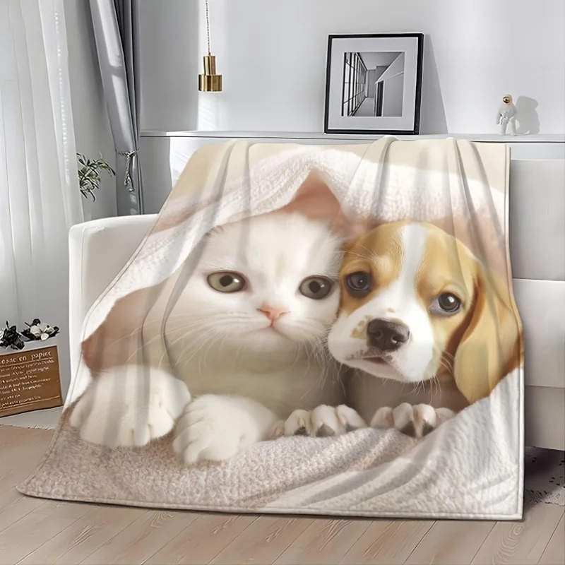 Dog Cat Under Blanket Flannel Blanket Cute Puppy White Kitten Fleece Blanket Cozy Soft Throw Blankets For Couch Bed Decoration