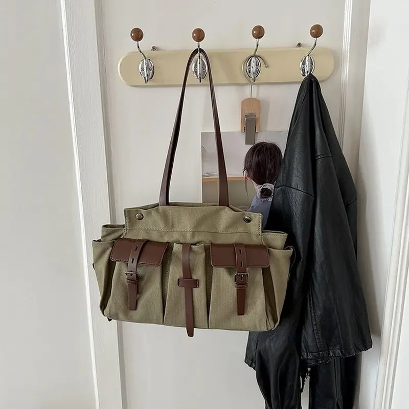 Retro Canvas Tote Bag Women's Commuter Bag Large Capacity Multi-Pocket Military Green Canvas Shoulder Bag for Daily Use SAC image 2