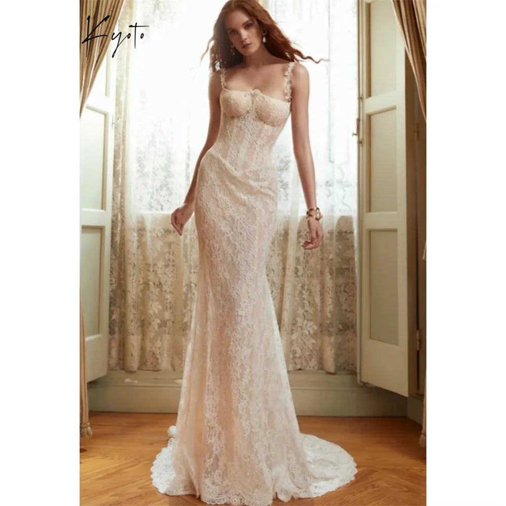 كيوتو مخصصة أوف وايت الأزهار الدانتيل أكمام فستان الزفاف الأزهار الأشرطة عارية الذراعين vestidos de noiva حورية البحر مساء اللباس #1