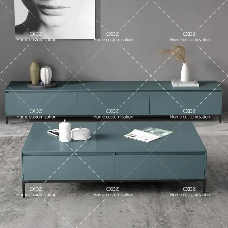 Nordic Light Luxury Dark Green TV Cabinet and Coffee Table Set Modern Living Room Audio Visual Storage Combination Unit Paint