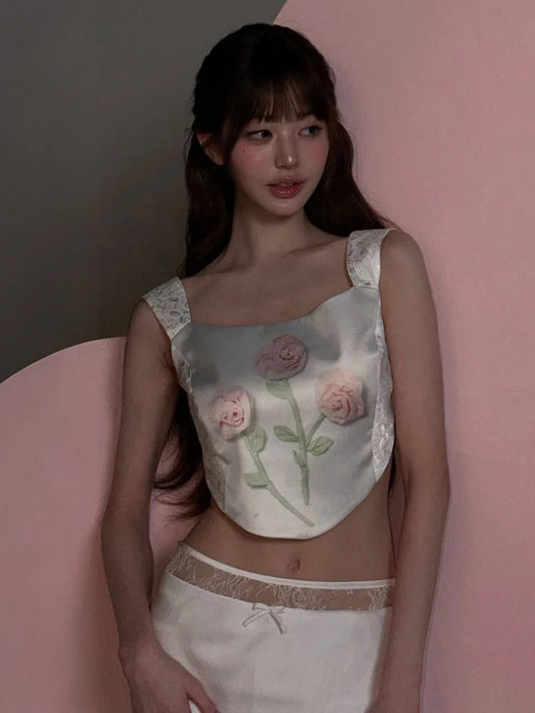 Weird Puss Sweet Patchwork 2-teiliges Set für Damen, Blumendruck, unregelmäßiger Saum, Camisole + Spitzenrock mit elastischem Bund, Sommer-Mode-Anzug – Detail 7