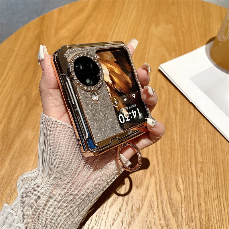 Phone Case For OPPO Find N3 Flip Rhinestone Camera Edge Glitter Trim With Ring Electroplated Plastic Back Cover