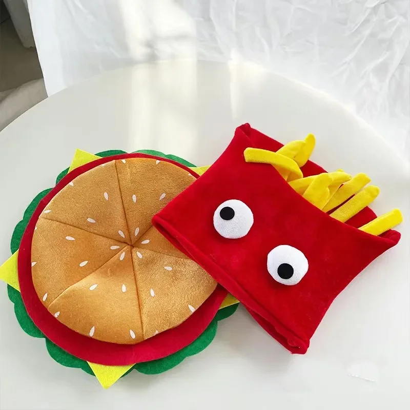2025 Chapeaux de hamburger et de frites fun pour femmes et hommes, dessin animé pour adultes, garde au chaud, jouets en