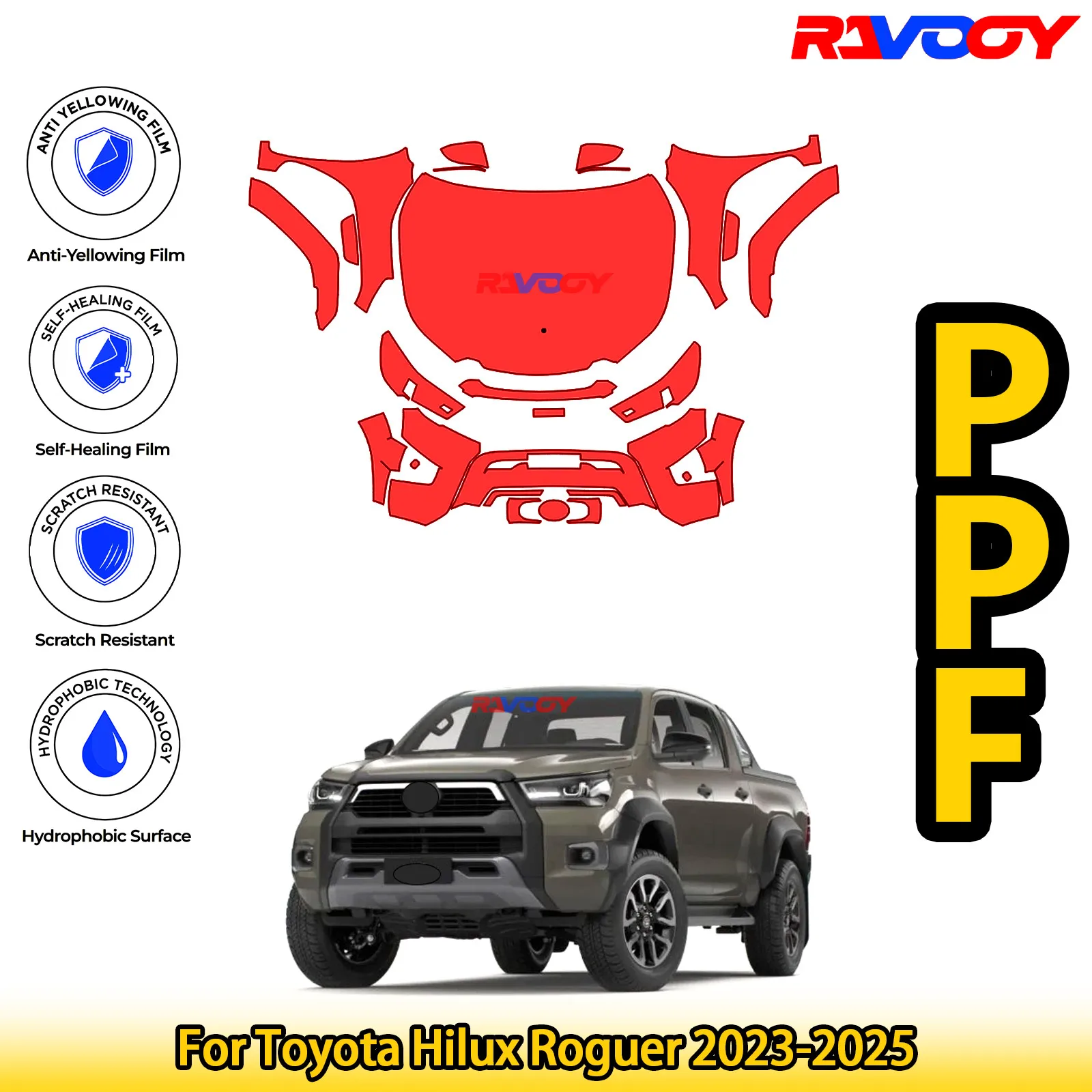 

Для Toyota Hilux Roguer 2023-2025 глянцевая матовая черная предварительно вырезанная передняя защитная пленка PPF комплект