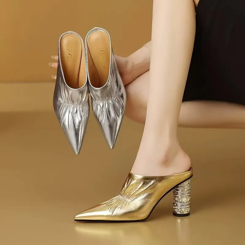 

Designer Half Slippers Women's High Heels Slippers Fashion Pointe Toe Party Women Shoes Temperament Rhinestone High Heels Slides
