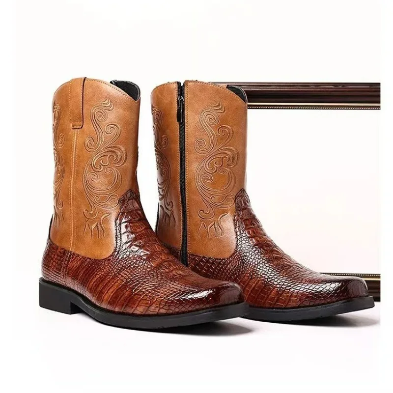 Embroidery Men's Boots Retro Cowboy Boots New PU Leather Western Boots British Style Work Riding Boot Zipper Mid-Calf Boot 2026 view 3