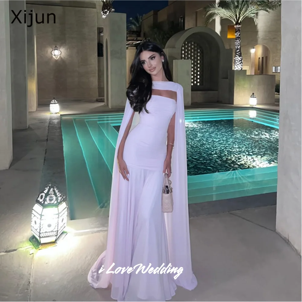 

Pink Chiffon Mermaid Sleeveless Cape Sleeves Prom Dress 2026 Floor-Length Pleated Saudi Arabia Bespoke Occasion Gown Customized