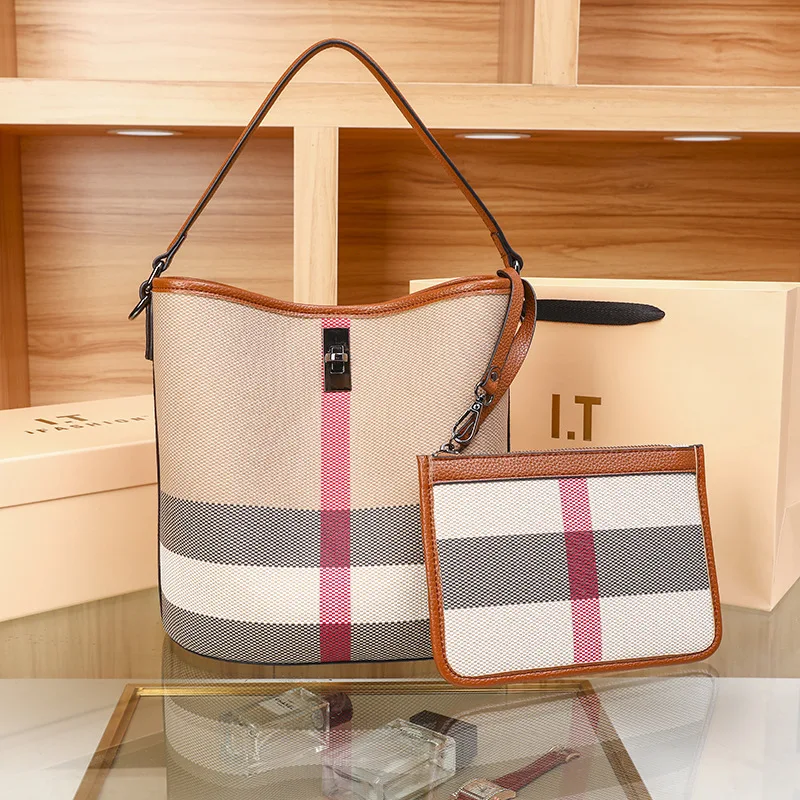 

2025 Summer Plaid Bucket Bag for Women Large Capacity Tote for Work Convertible Shoulder Crossbody Handbag Office Commuter