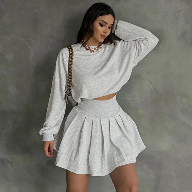 

Preppy Style Pleated Skirt 2 Piece Set Women Casual Tracksuit Long Sleeves Sweatshirt High Waist Mini Skirts Sports Outfits