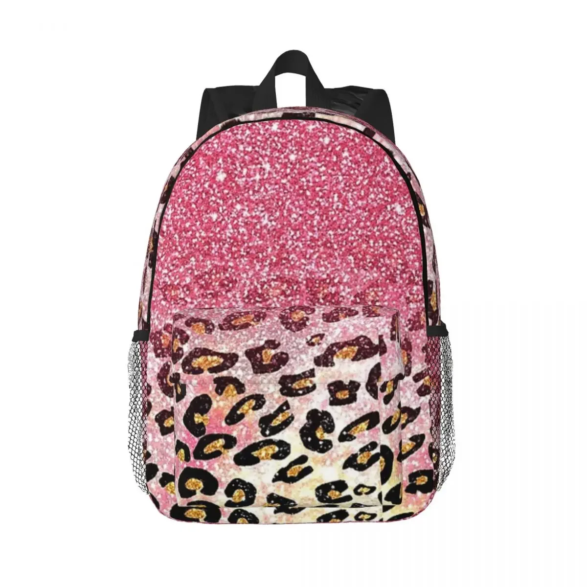 Bubble Gum Pink Faux Glitter Leopard Animal Print Backpacks Teenager Bookbag School Bags Travel Rucksack Shoulder Bag