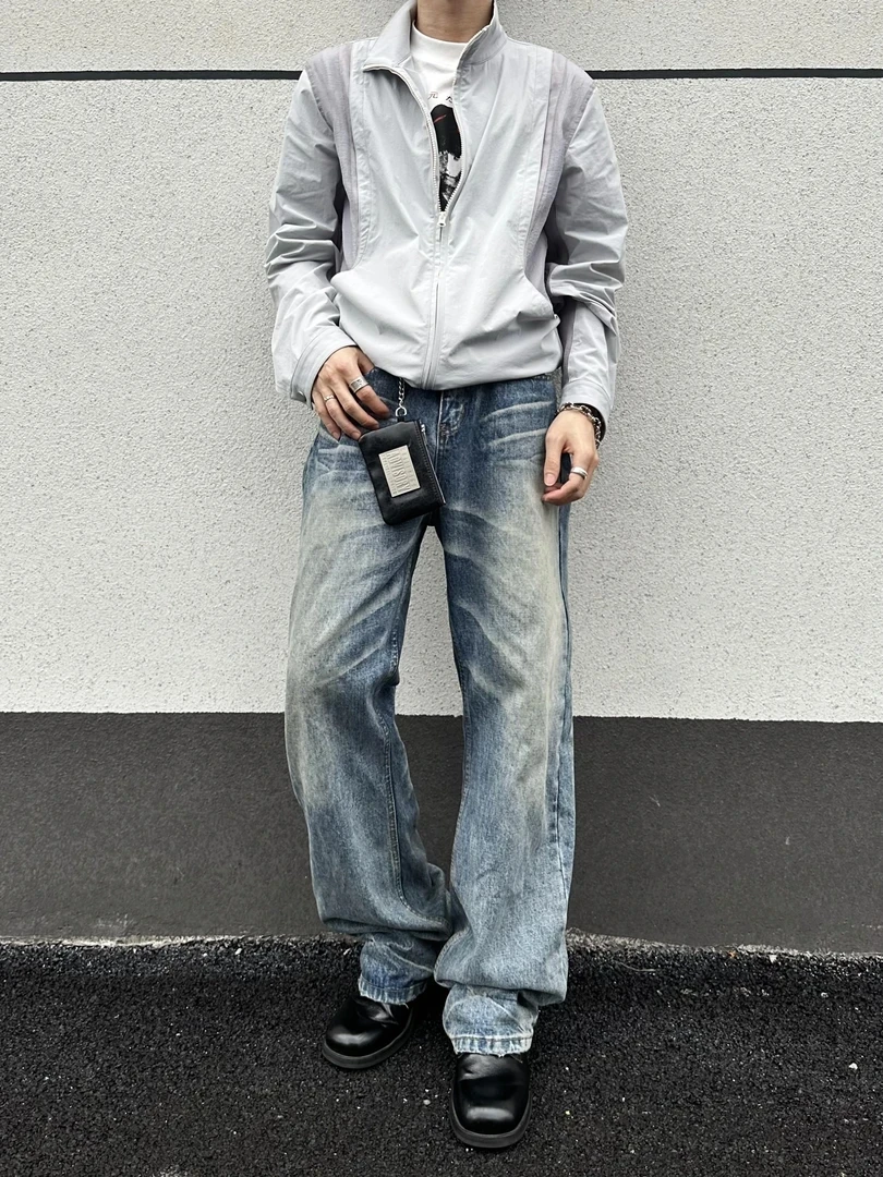 

American Washed Pattern Loose Straight Leg Jeans Men's Spring Autumn Cleanfit Handsome Long Trousers Cotton Polyester Blend