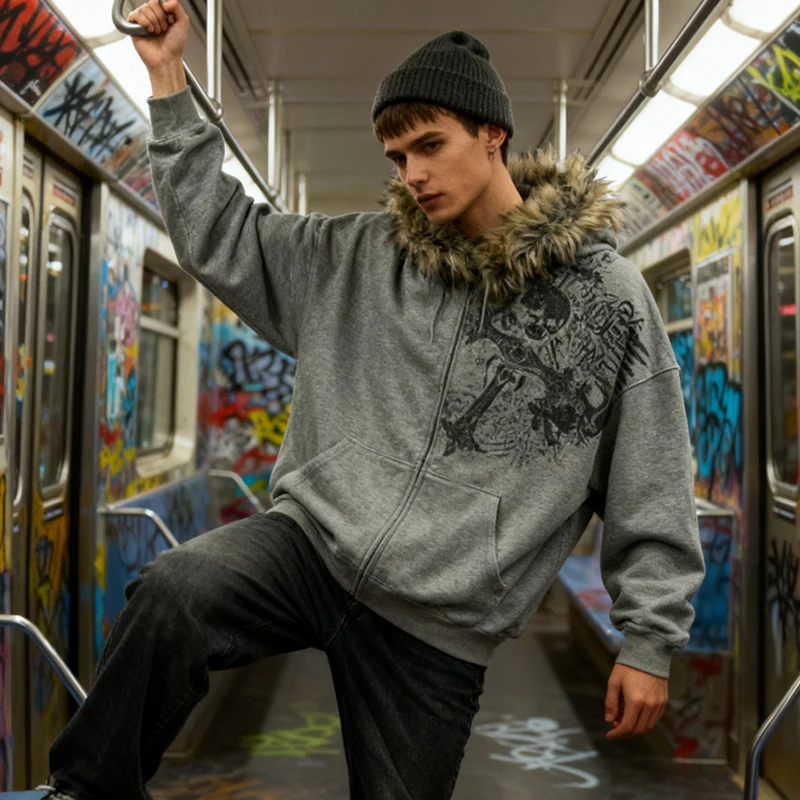 2000 خريف/شتاء جديد القوطية نمط الترفيه في الهواء الطلق الدافئة الورك الغراب القوطية المطبوعة الفن المطبوعة القوطية هوديي الصوف طوق #1