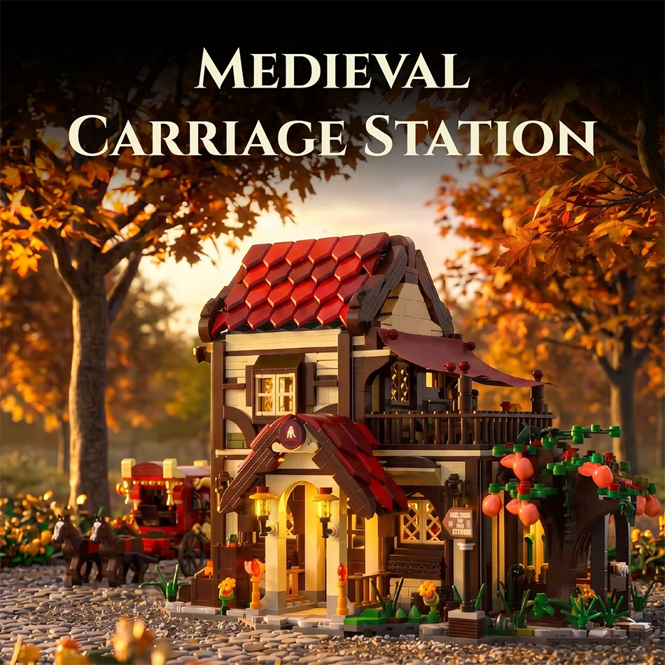 

City Medieval Carriage Station Street View Building Blocks LED Mid-century Stagecoach Station Modular Bricks Toys for Kids Gifts