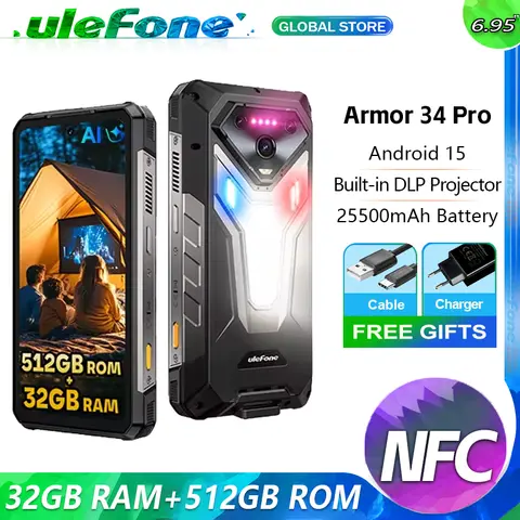 Ulefone Armor 34 Pro 5G AI téléphone robuste 32GB + 512GB 25500mAh 6.95 "projecteur intégré 120Hz Android 15 MTK 7300 NFC Smartphone