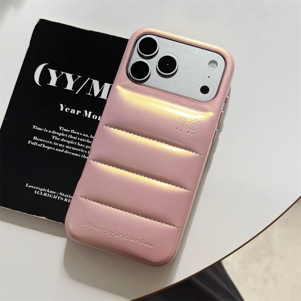 Kawaii Shiny Gradient Pink Puffer Phone Case For iPhone 15 16 17 Pro Max Little Character Glossy Anti-drop Protection Case