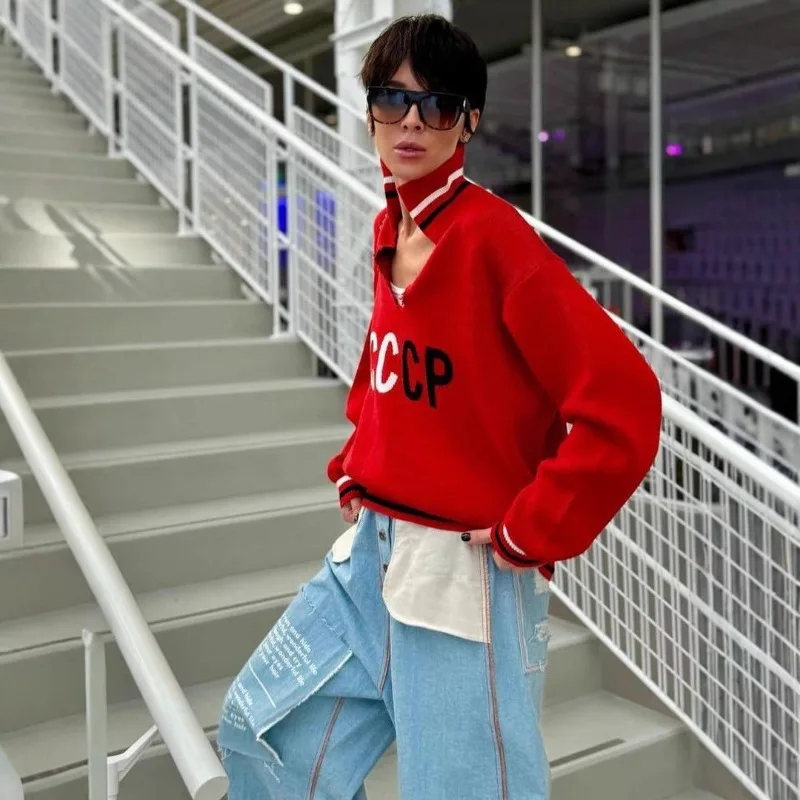 

Женский трикотажный пуловер с воротником-стойкой, свободного кроя, с буквенным принтом и полосками, с длинными рукавами, осенне-зимний, удобный, повседневный