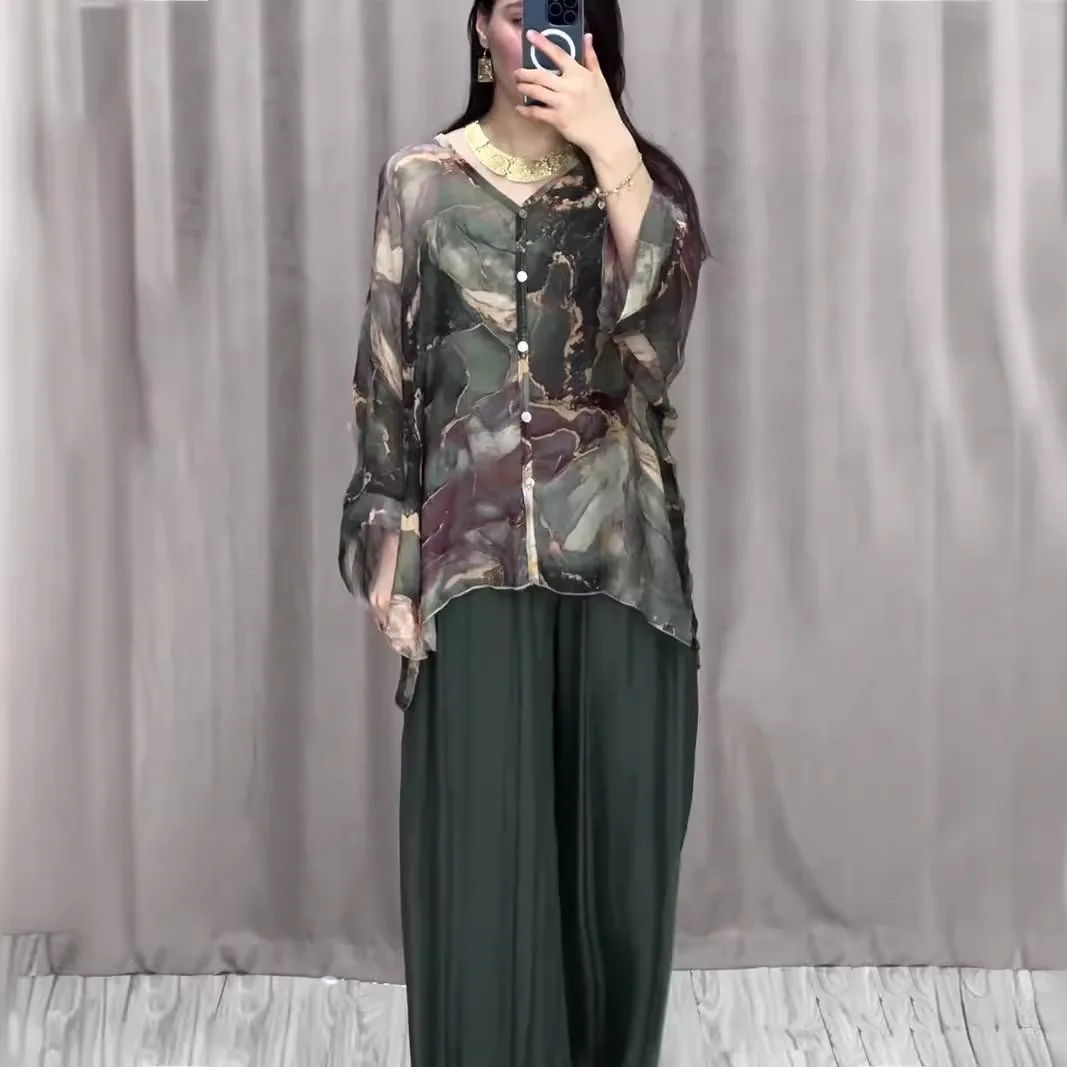 

American European 2025 Spring Fashion Women's Printed Casual Trendy Loose 2 Piece Sets V-neck Long Sleeve Shirt Wide Leg Pants