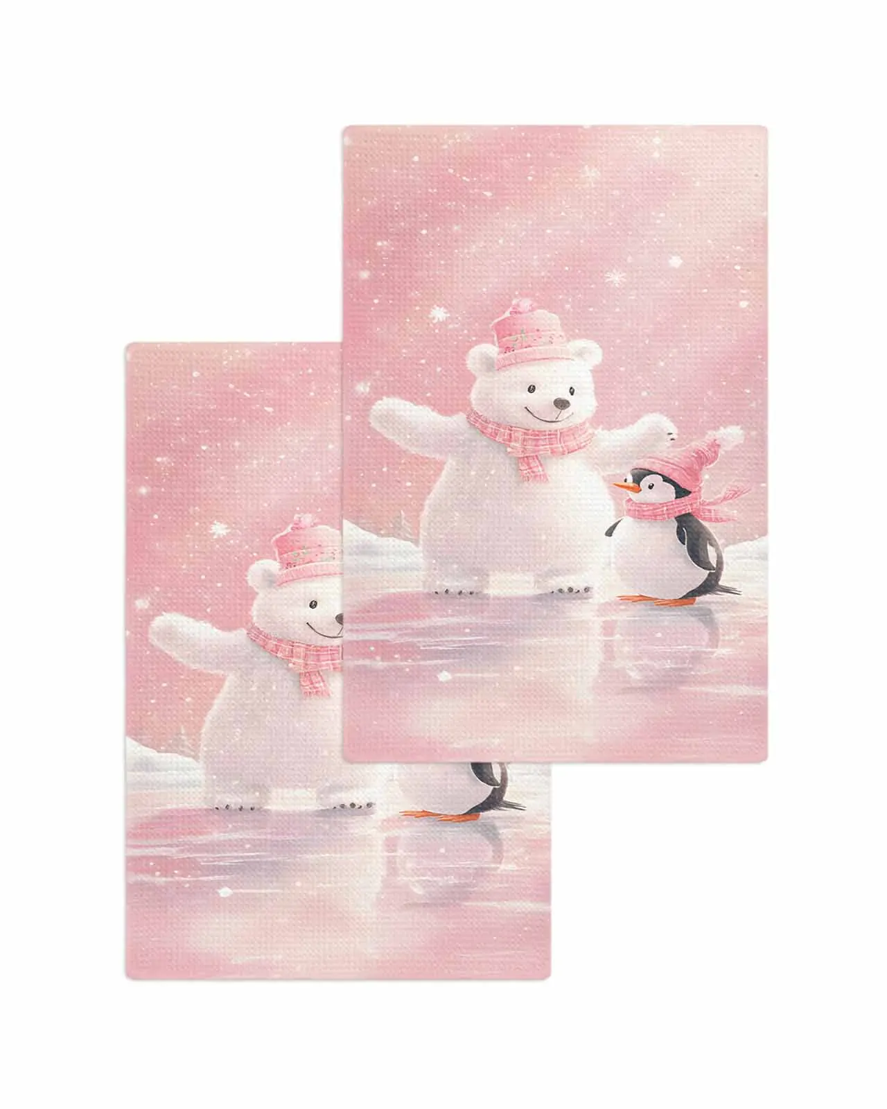 Christmas Pink Bears And Penguins 30*30cm Waffle Microfiber Kitchen Towel Soft Cleaning Cloth Scouring Pad Wiping Rag