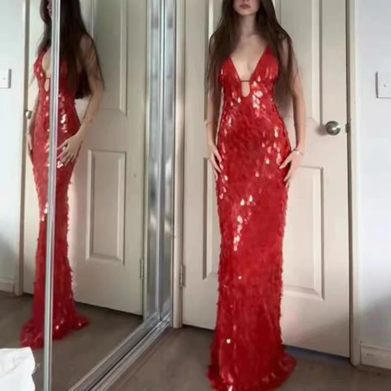 

Women Sexy Shiny Sequins Party Clubwear Y2k Spaghetti Straps Deep V-Neck Glitter Sparkle Mermaid Cami Slip Long Dress