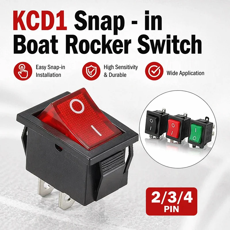 10 Pcs KCD1 Snap - in Boat Rocker Switch - SPST ON - OFF, 2/3/4 Pin, 250V 6A (AC) / 125V 10A, 2P Toggle Power Snap Switch