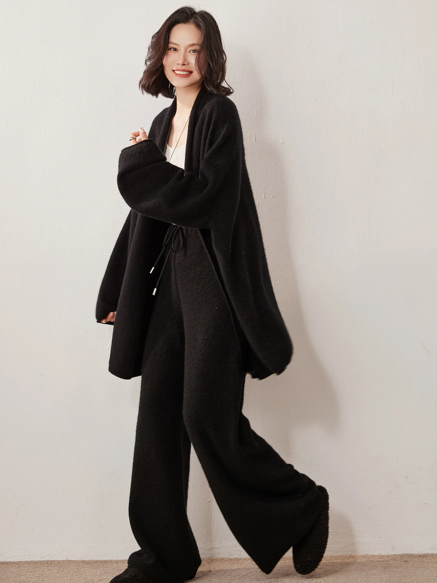 Autumn Winter 100% Cashmere Suit Women's Cardigan Knitted Sweater Soild Tops High Waisted Wide Leg Pants Sets High-end Comfort