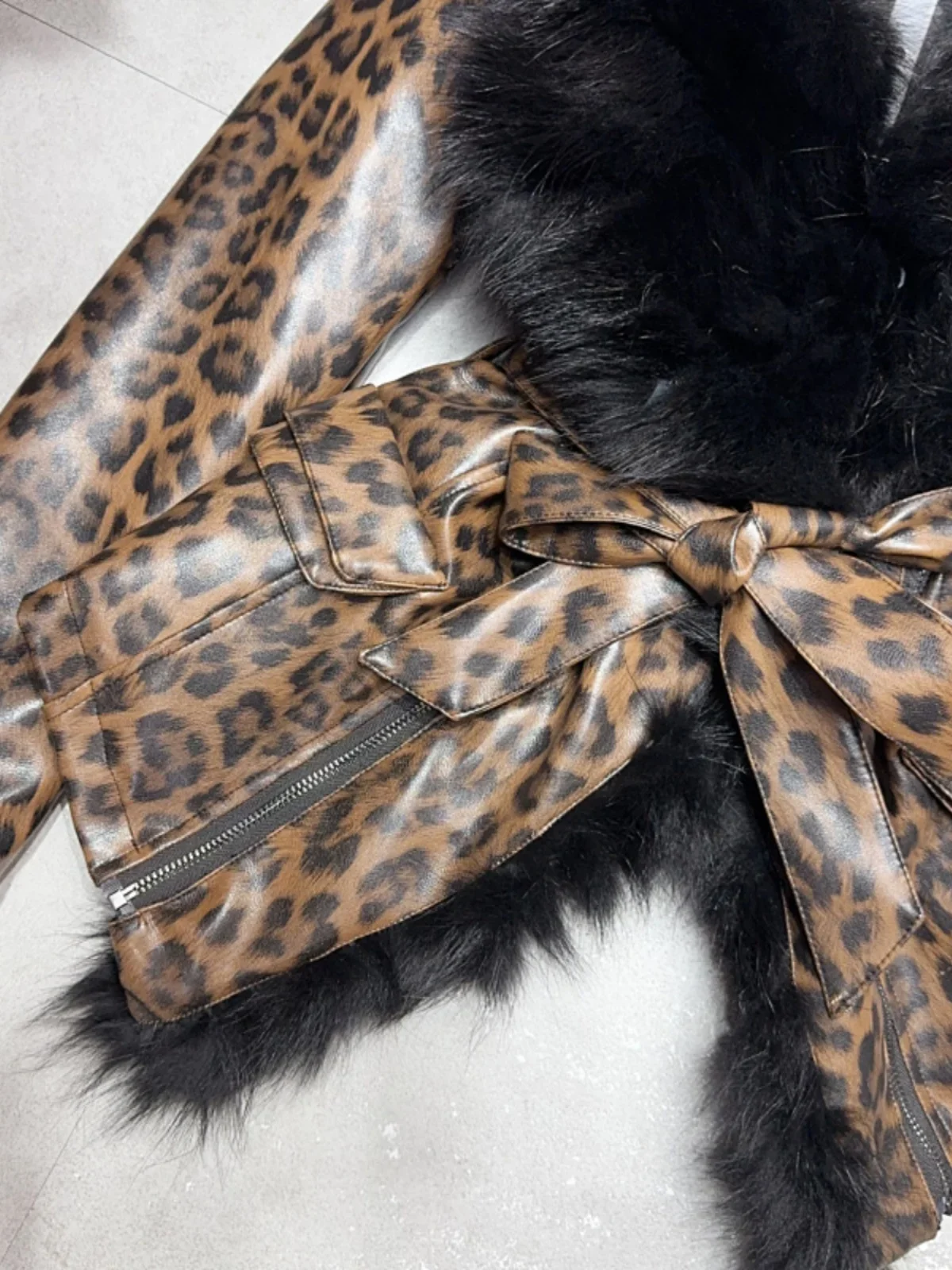 Fox Fur Collar Leather Jacket Leopard Print Women Winter Lace Up V Neck Slim Coats Vintage Elegant Female Trendy Outerwear