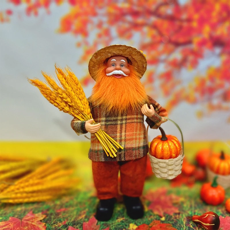 Y166 Autumn Thanksgiving Harvest Straw Hat Farmer Figurine for Doll with Wheat Pumpki